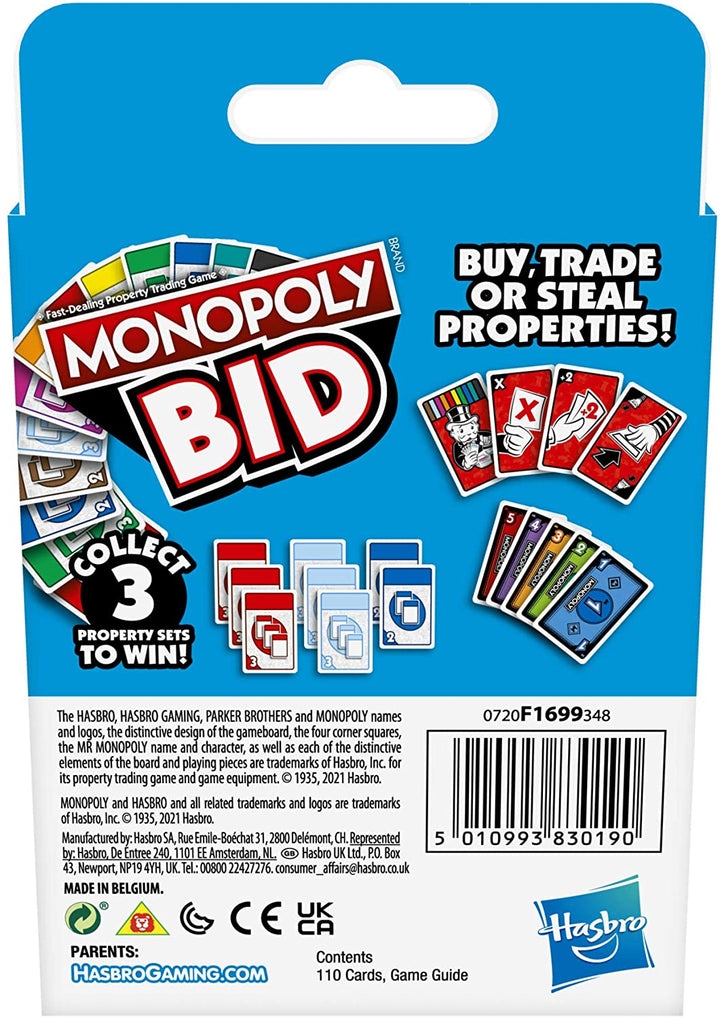 Monopoly Bid Game, schnelles Kartenspiel für 4 Spieler Spiel für Familien und Kinder ab 7 Jahren