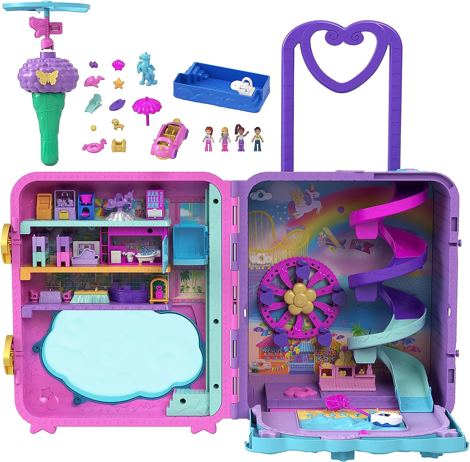 Polly Pocket Pollyville Resort Roll Away Playset - 4 Dolls, 1 Vehicle, 25+ Accessories, Ages 4-10 1