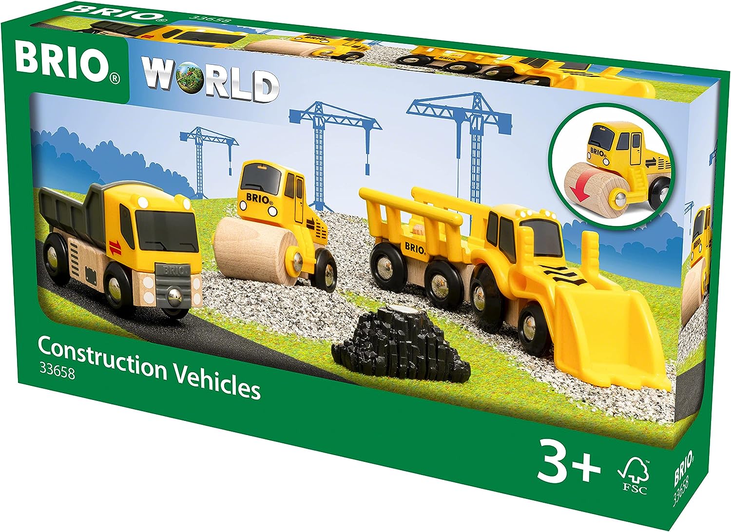 BRIO 33658 Construction Vehicles Train Set - 5-Piece Wooden Toy Truck Set for Kids 2