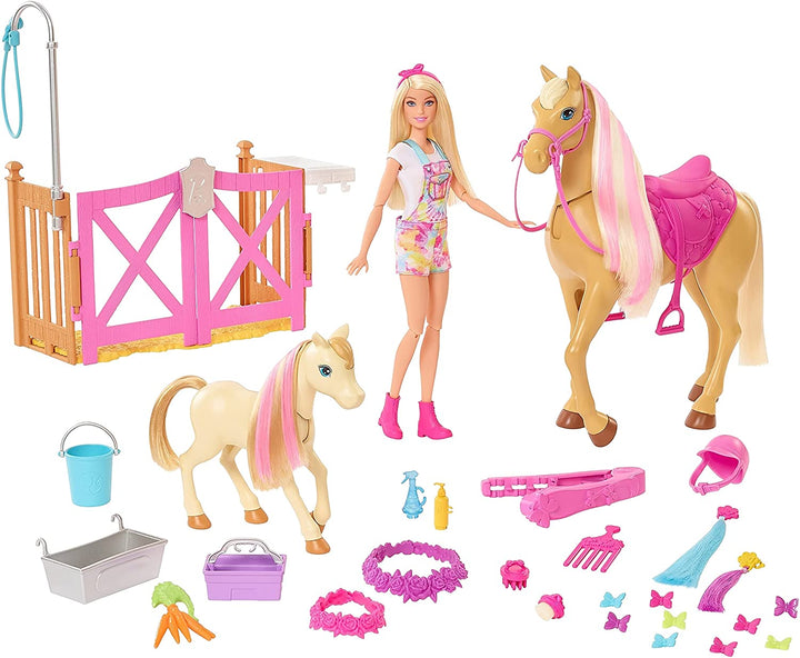 Barbie Groom 'n Care Horses Playset with Barbie Doll (Blonde 11.5-in), 2 Horses & 20+ Grooming and Hairstyling Accessories