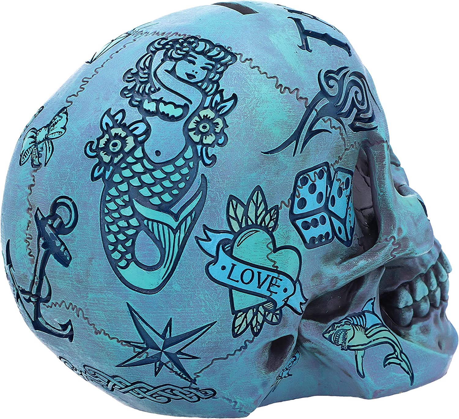 Nemesis Now Aqua Blue Traditional Tribal Tattoo Fund Skull - Polyresin Money Box 8
